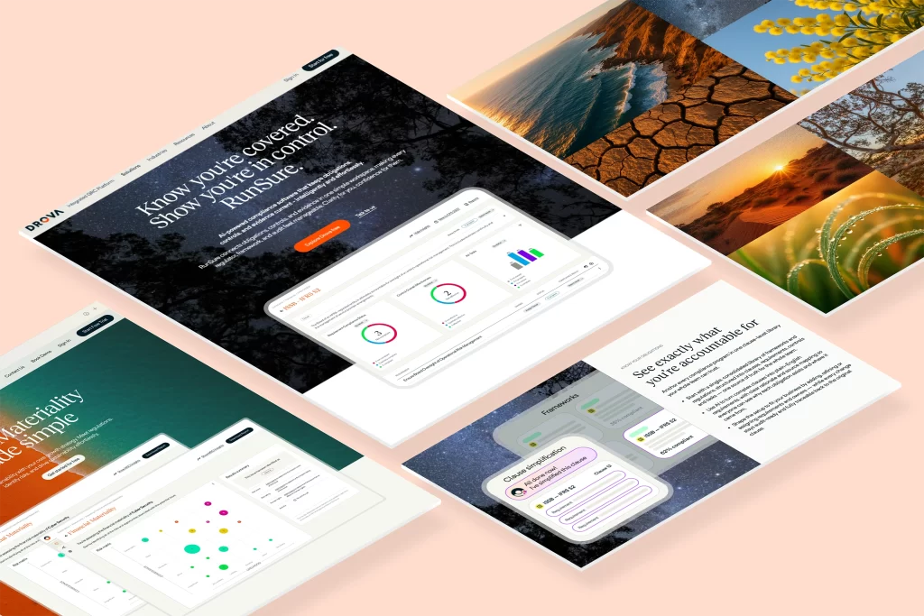 Drova website page designs including dark-themed RunSure hero, materiality assessment page, and Sheila AI interface mockups