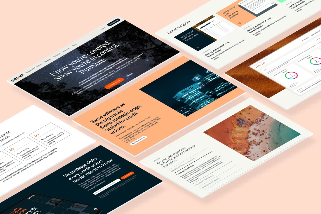 Drova website page templates showing homepage hero, industry-specific landing pages, blog and insights layouts, and compliance content pages