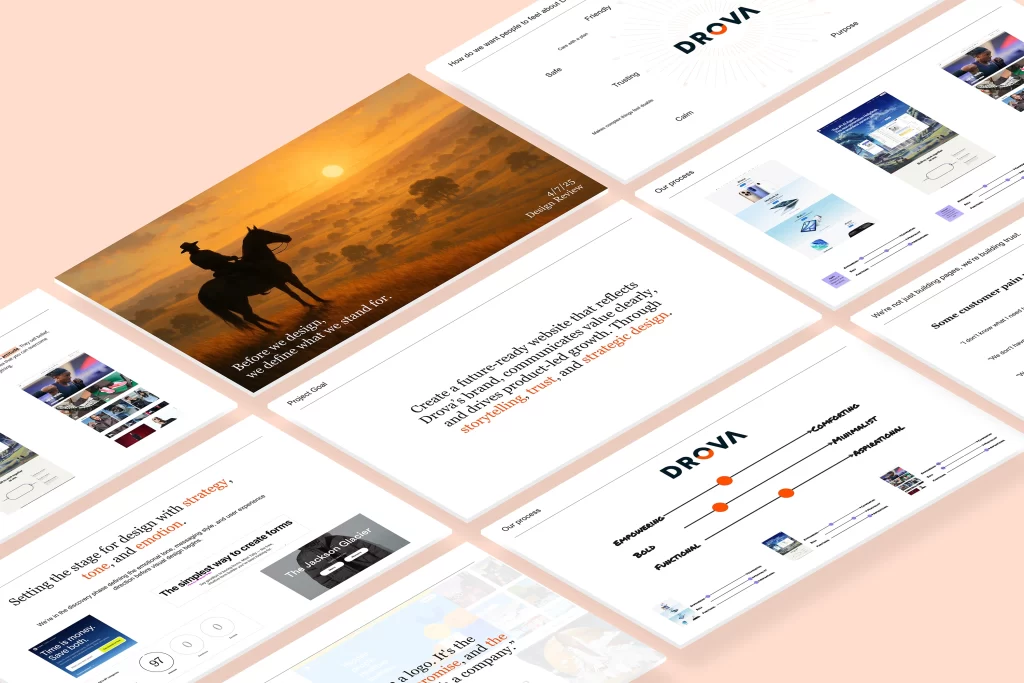 Drova brand strategy workshop slides showing competitive positioning matrix, emotional brand direction, and design principles