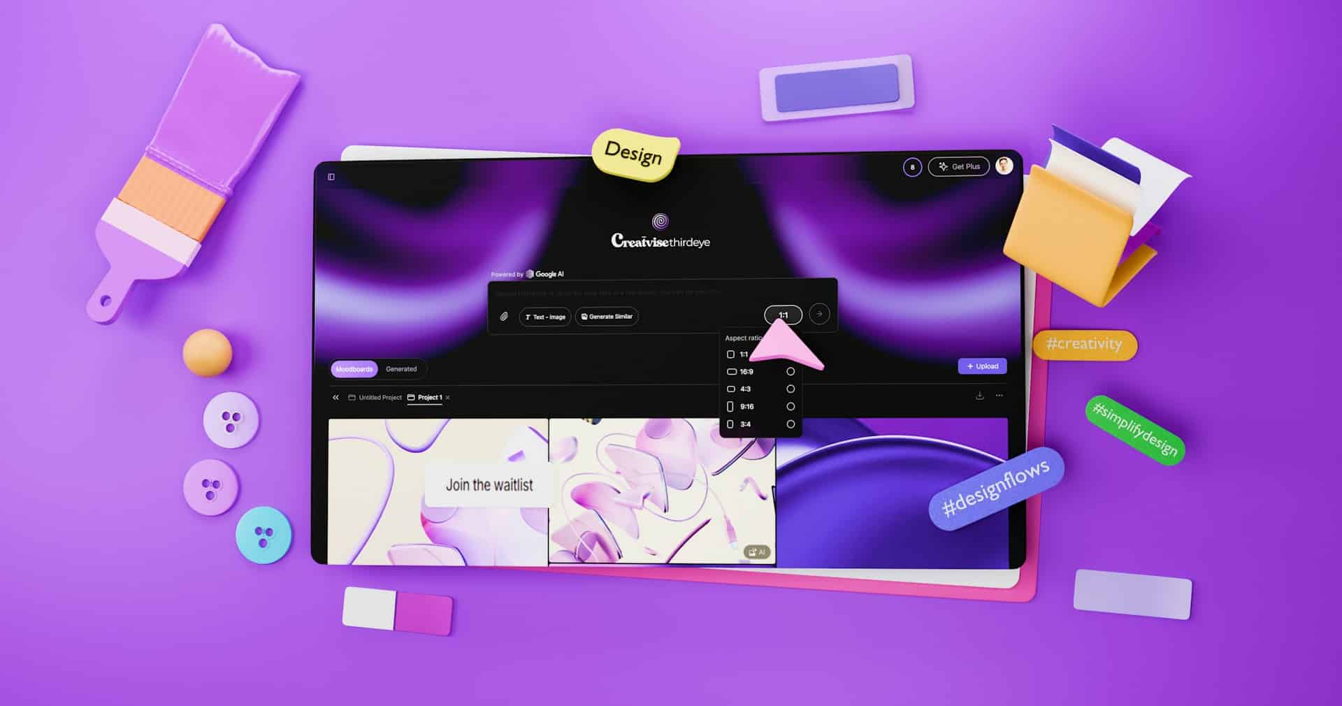 Creative digital workspace showing AI tools — representing Claude AI capabilities for designers and knowledge workers