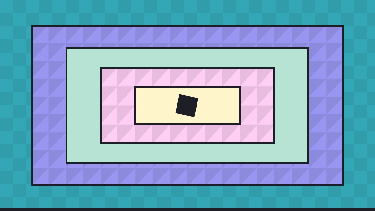 Nested geometric colour frames in teal, lavender, mint, blush and lemon around one small tilted navy square