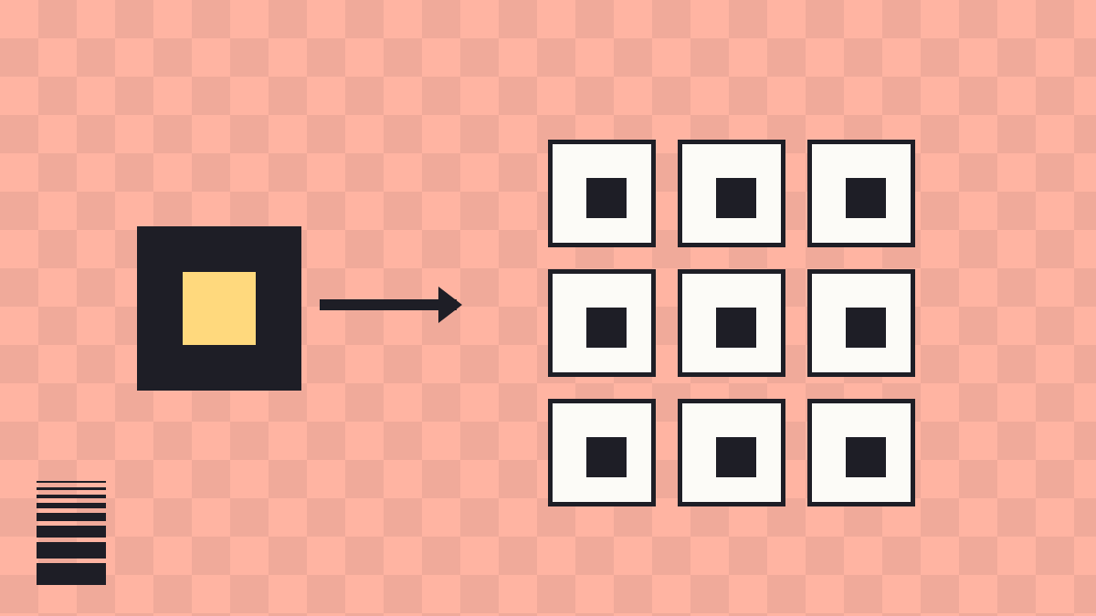 Coral and navy brand illustration: one master tile duplicated into a grid of identical copies, representing reusable Claude skills and templates