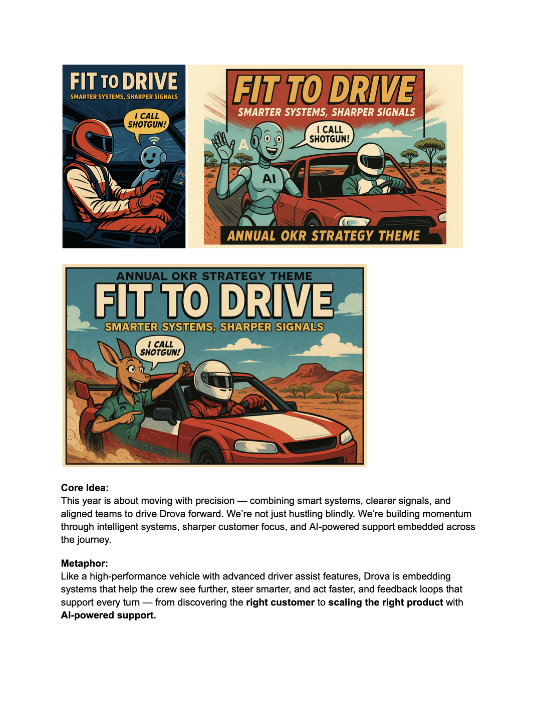 Fit to Drive concept pitch page: retro comic-style drover and AI co-pilot in a car with the tagline Smarter systems, sharper signals