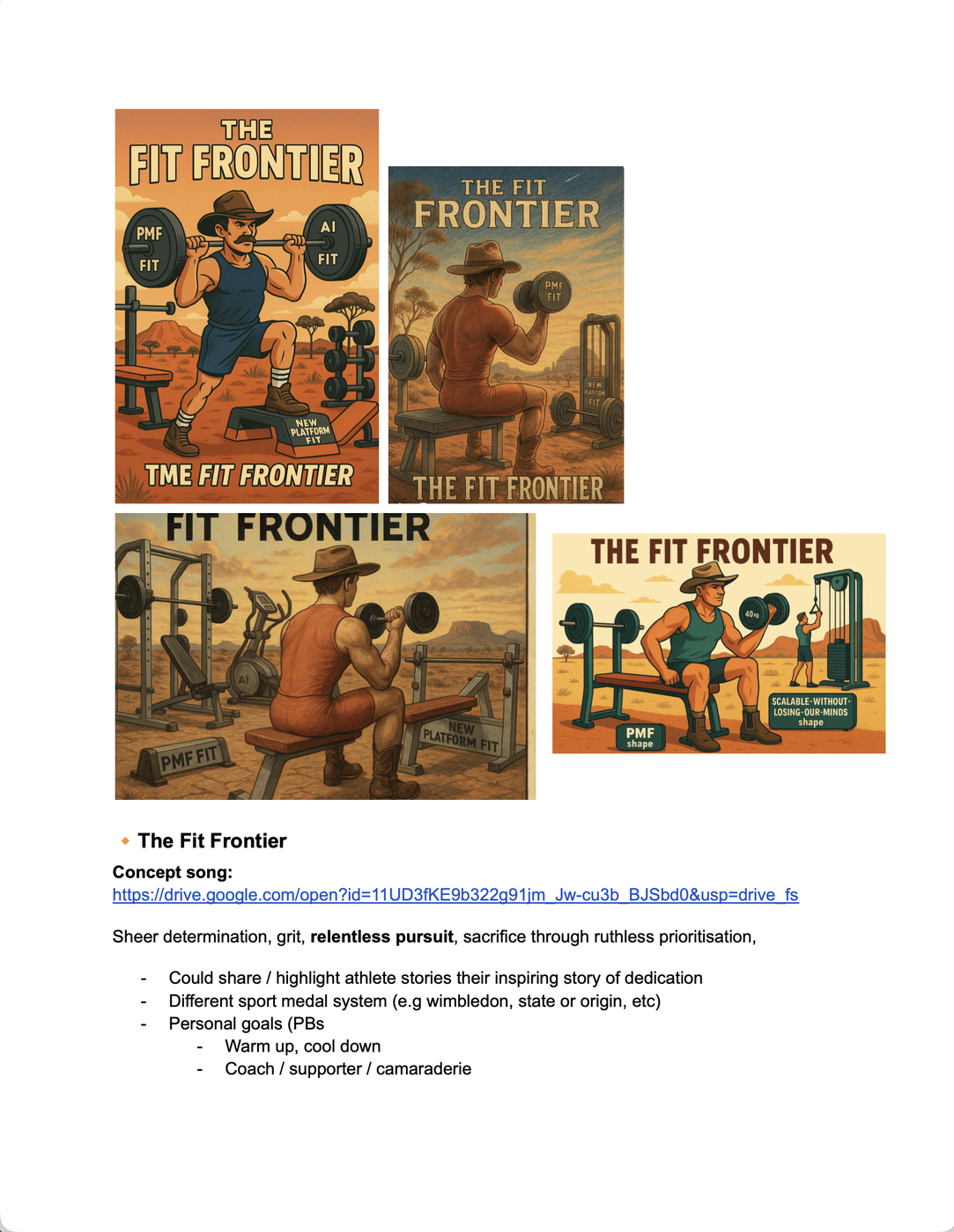 The Fit Frontier original gym-parody pitch: a drover lifting weights in the outback with PMF fit and AI fit labels