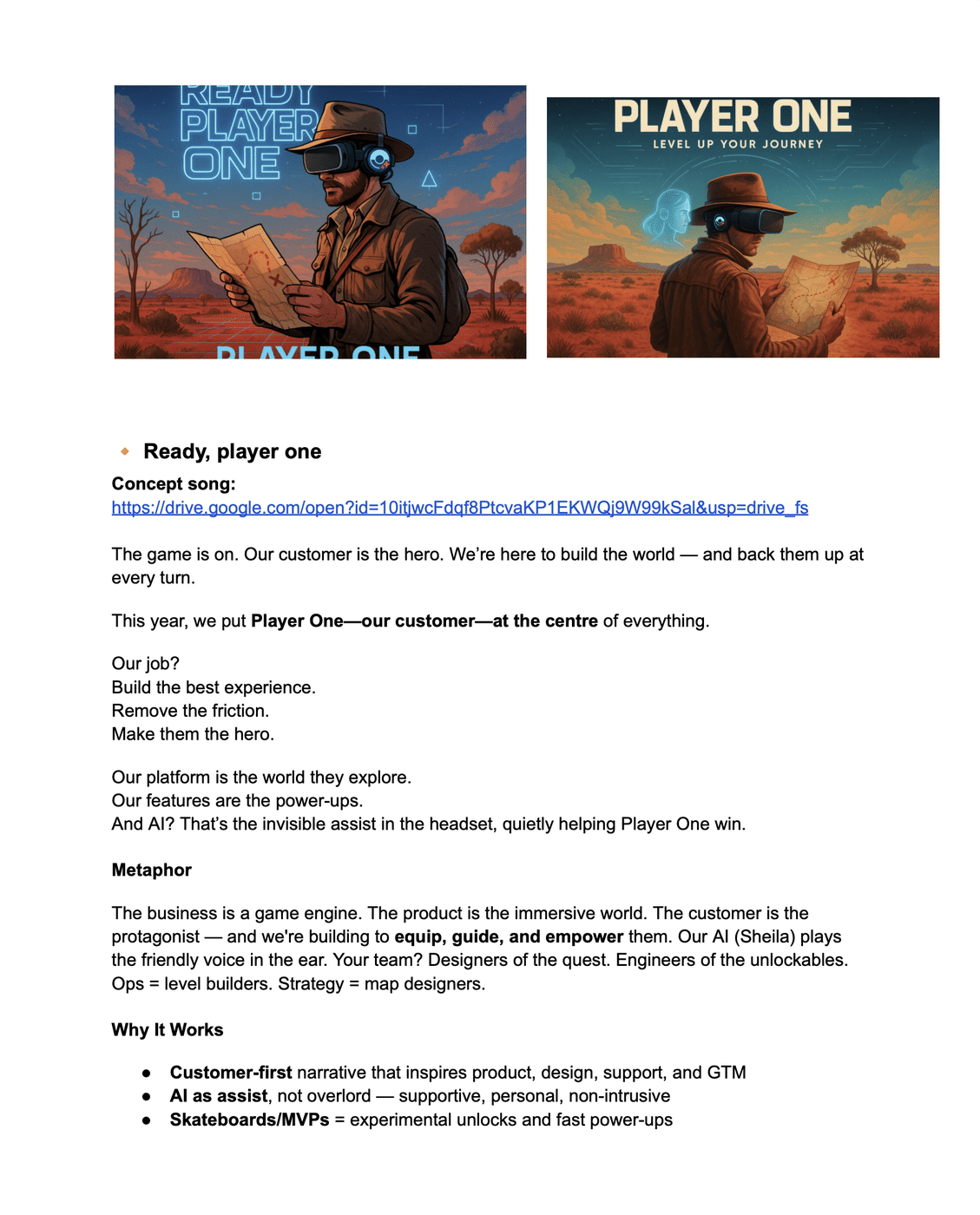 Ready Player One concept pitch page: a drover in a VR headset reading a map in the outback, with metaphor and mapping notes