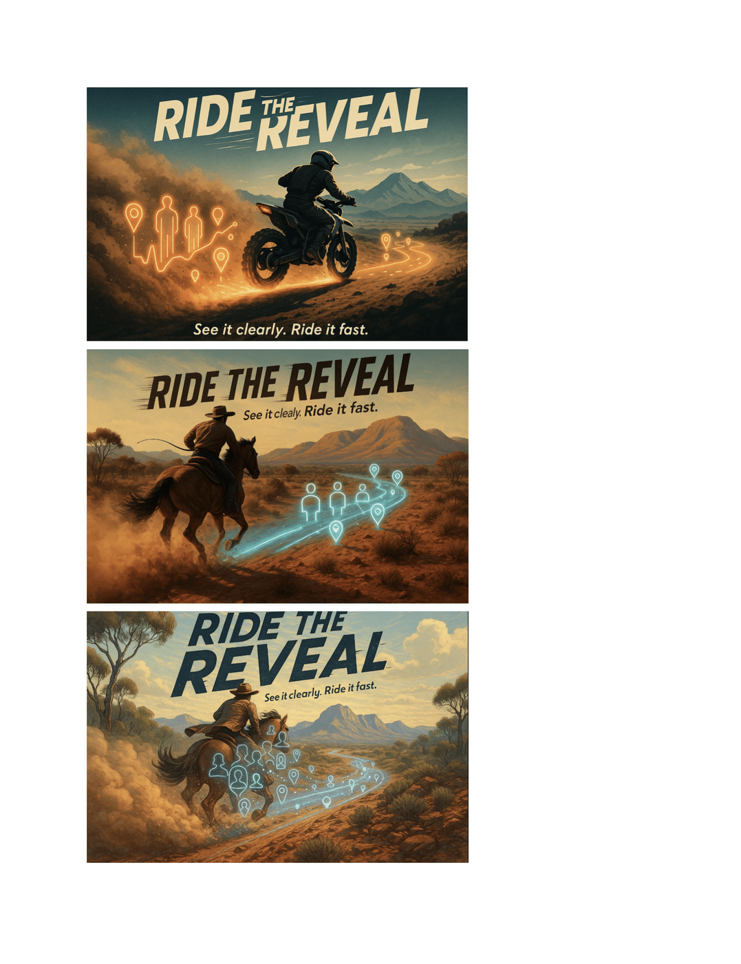 Ride the Reveal concept pitch page: a rider and a drover on horseback tracing a glowing trail through the outback
