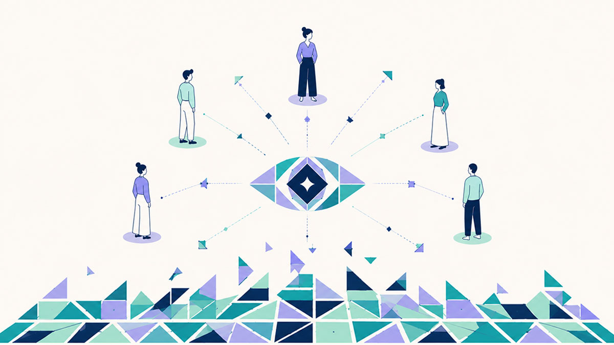 Conceptual illustration: a central eye of design judgement radiating out to a team, rising above a field of automated geometric tiles
