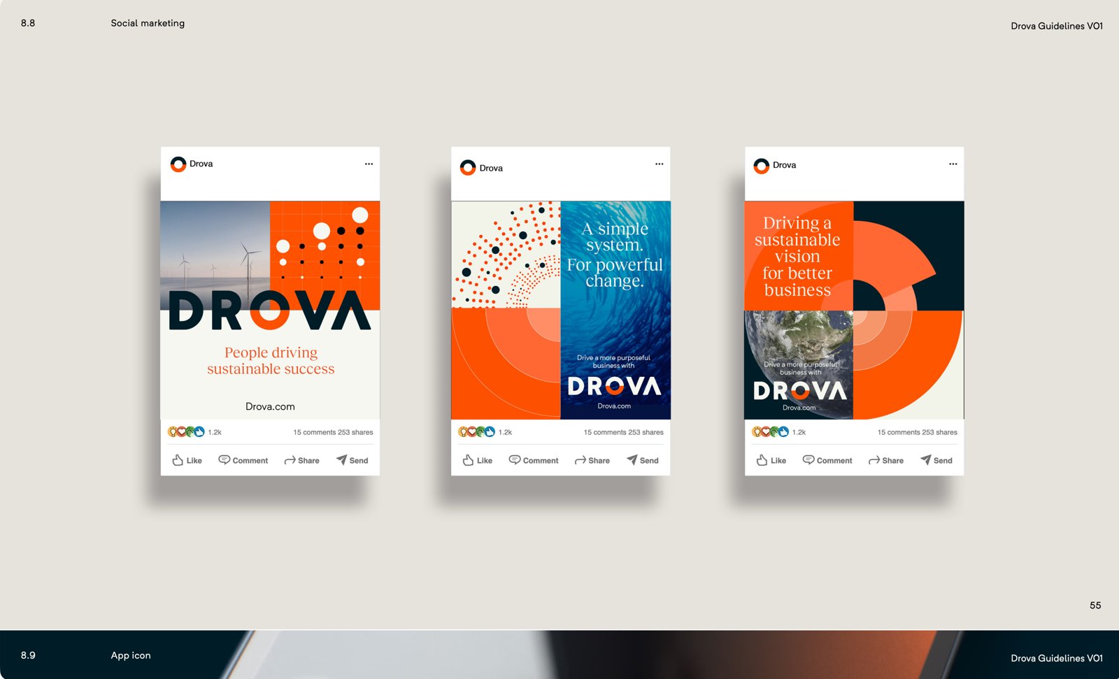 Drova brand guidelines social marketing page showing three branded social media post mockups