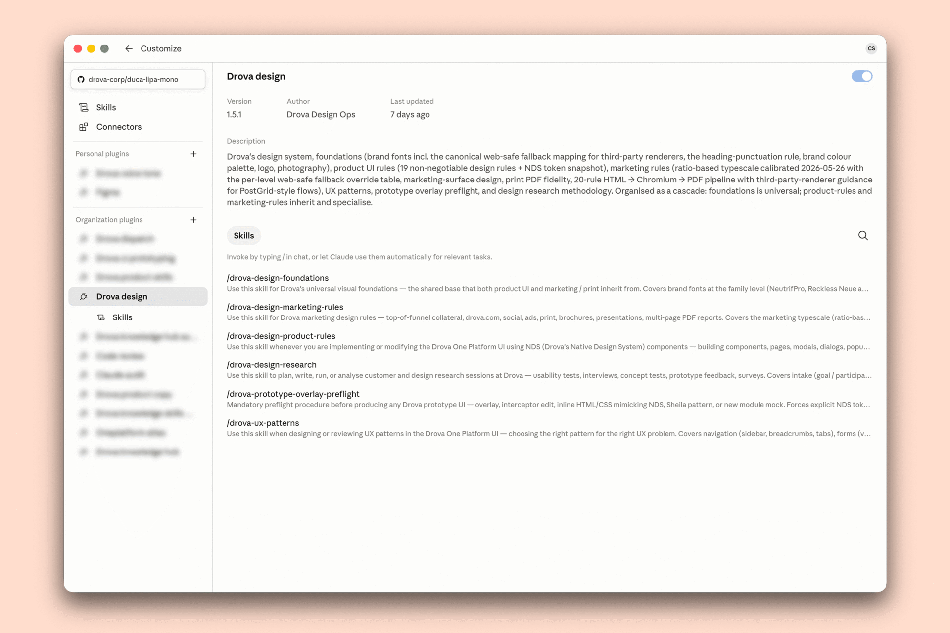Drova design system plugin structure shown as a layered cascade of foundations and skill files