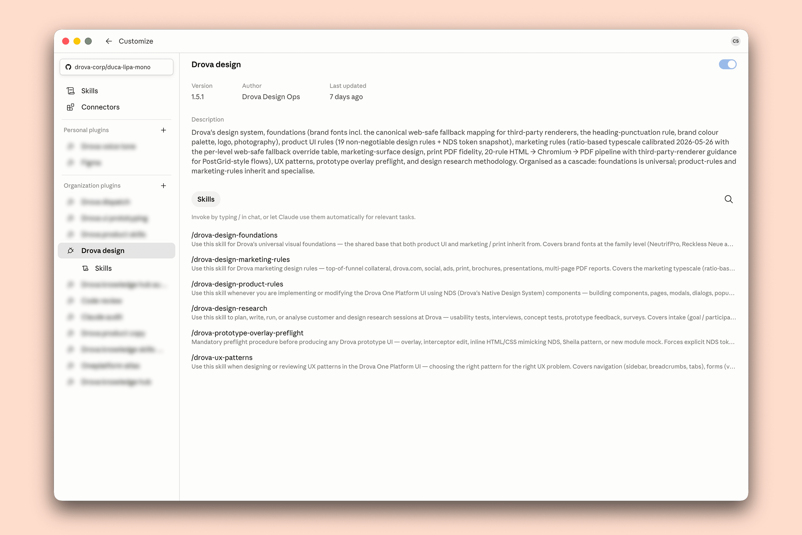 Drova design system plugin structure shown as a layered cascade of foundations and skill files