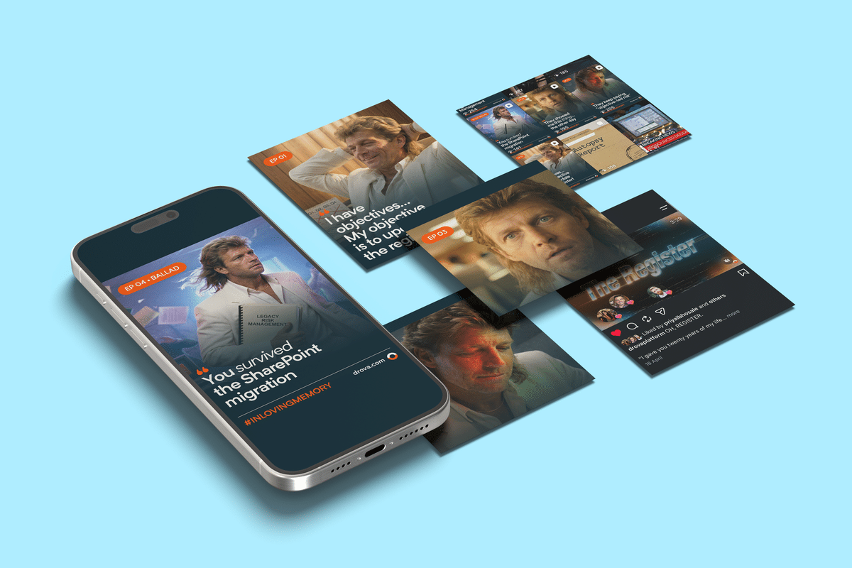 In Loving Memory campaign mockup showing Greg across social tiles, a phone story, and a music video on screens