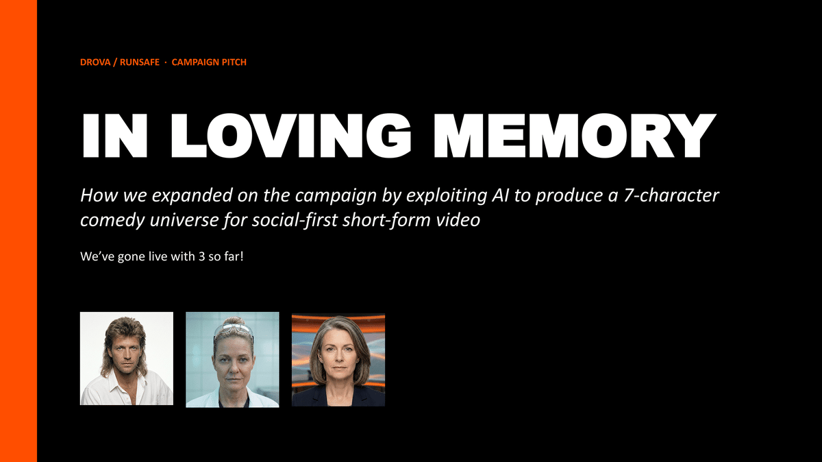 Monday Muster title slide: In Loving Memory campaign pitch with three campaign character headshots