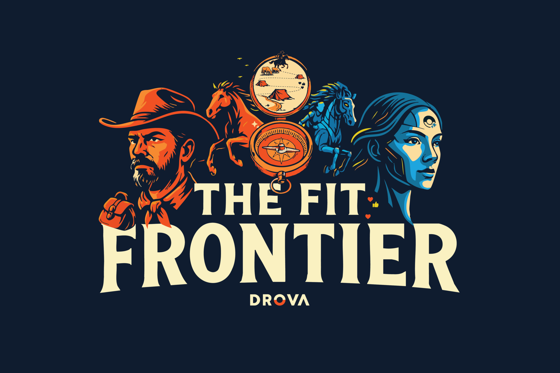The Fit Frontier poster: a drover, horses, a compass and Sheila AI on a dark navy field under bold display type