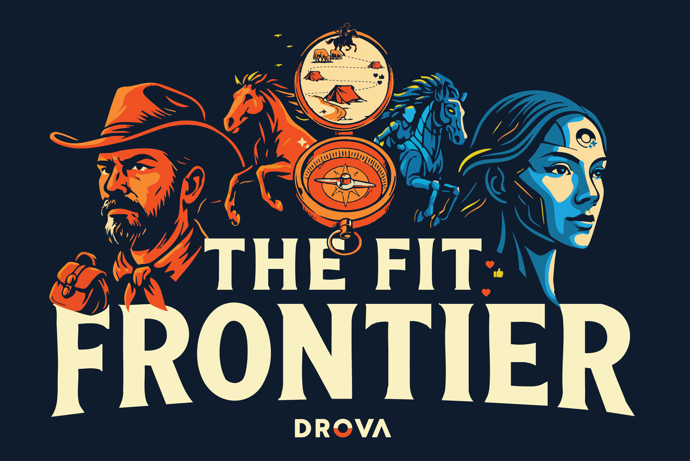 The Fit Frontier poster: a drover, horses, a compass and Sheila AI on a dark navy field under bold display type