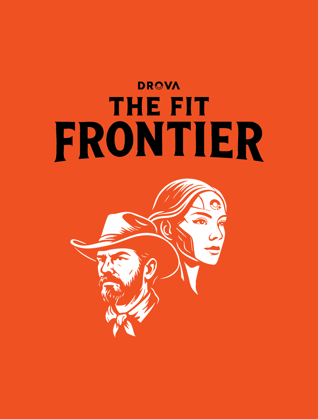 The Fit Frontier t-shirt: white drover and Sheila AI line art with bold title type on a Drova orange background