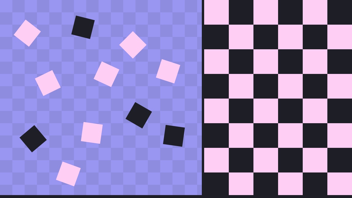 Scattered rotated pink and navy tiles on lavender resolving into a strict checkerboard grid, representing structure harnessing raw power