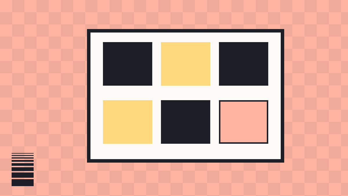 Coral and navy brand illustration: a bordered container frame holding a neat grid of colour tiles, representing an organised Claude Project