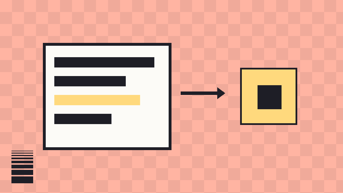 Coral and navy brand illustration: a structured prompt card of instruction lines with an arrow to a clean output tile, representing effective prompting