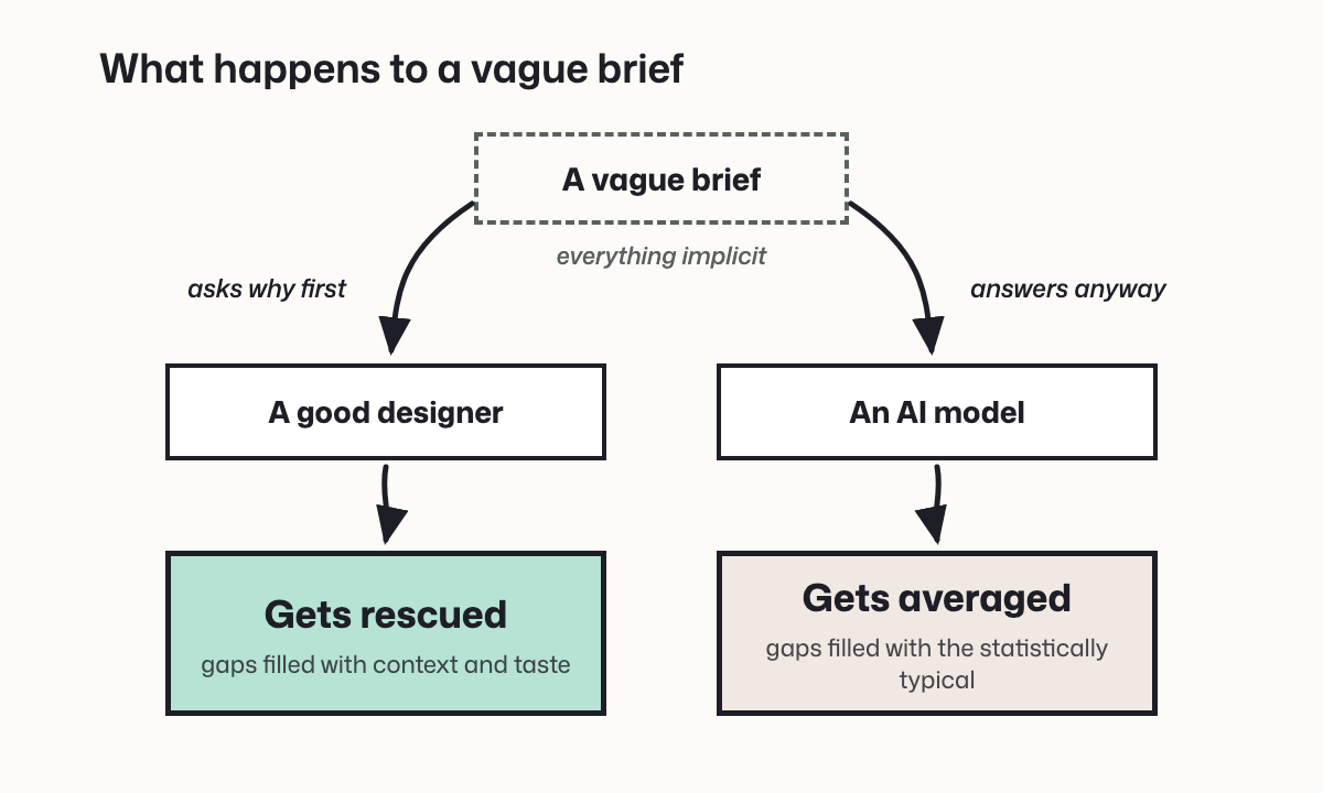 Flow diagram: a vague brief handed to a good designer gets rescued, handed to an AI model gets averaged