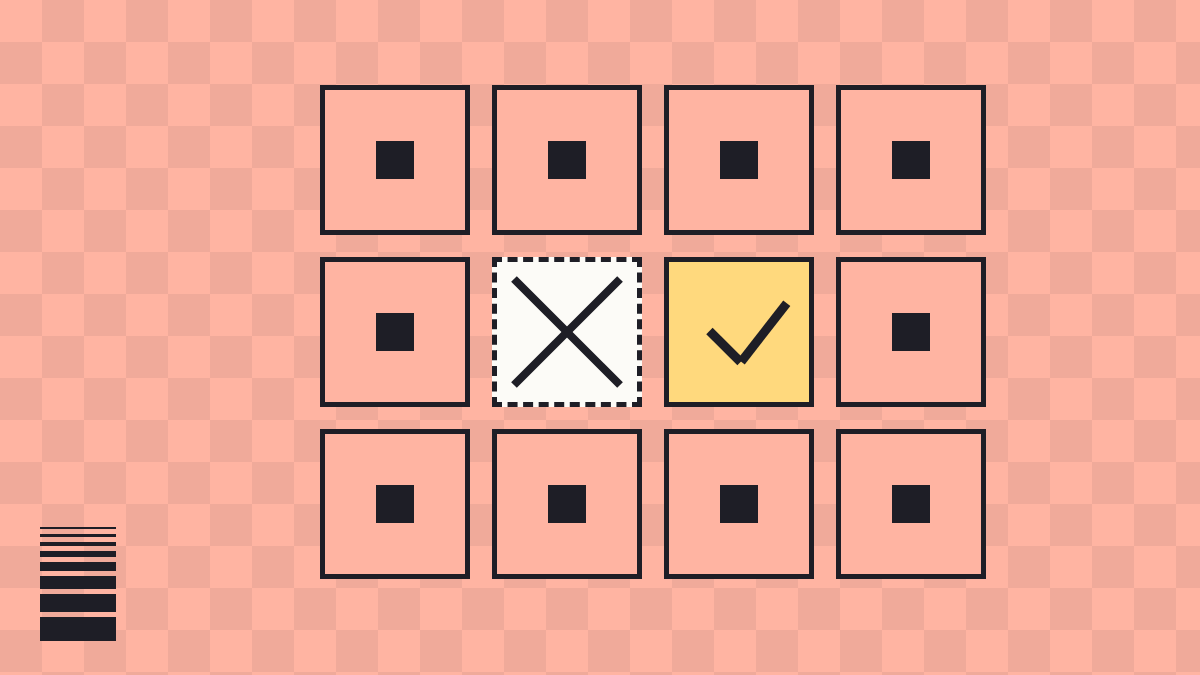 Coral and navy brand illustration: a grid of tiles with one crossed out and an adjacent tile corrected, representing fixing Claude mistakes