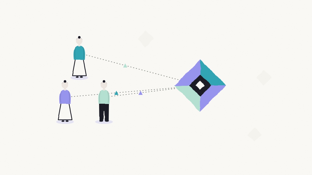 Three flat illustrated figures considering a large faceted brand-colour gem, with faint pale gems drifting nearby