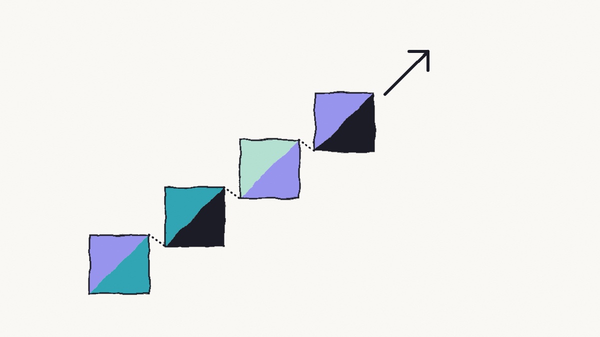 Four ascending hand-drawn tangram square blocks connected by dotted lines, climbing to an up-right arrow on a cream ground