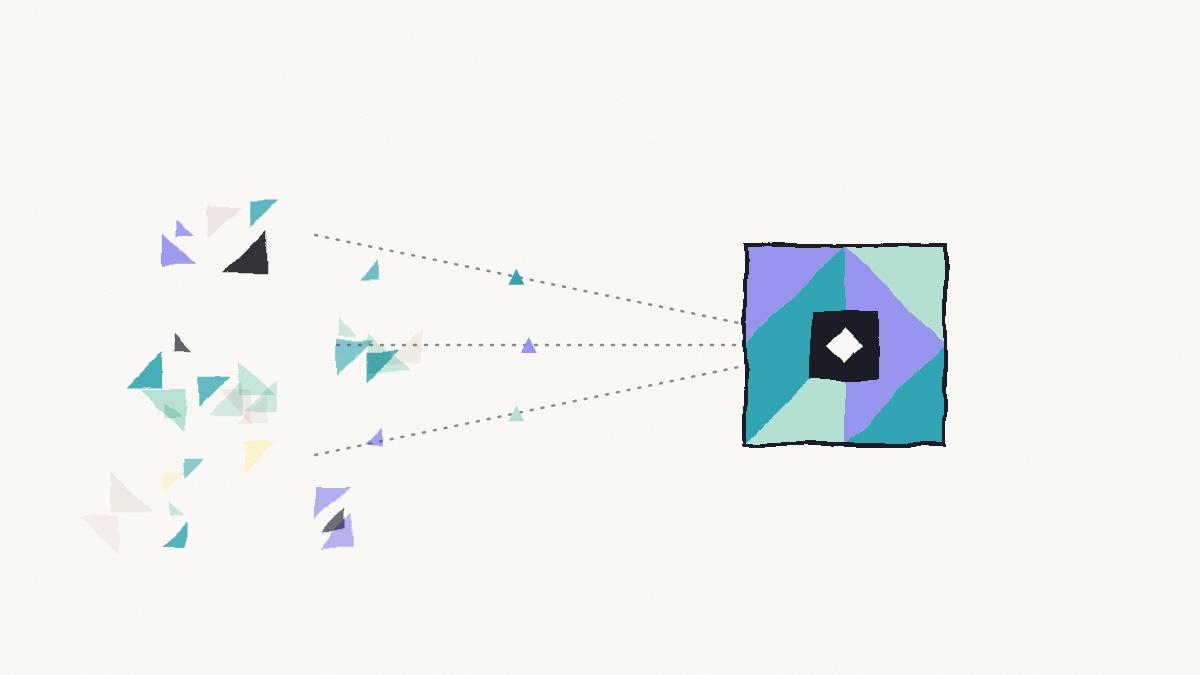 A scattered pile of many small brand-colour triangles funnelling by dotted lines into one bordered tangram core chip